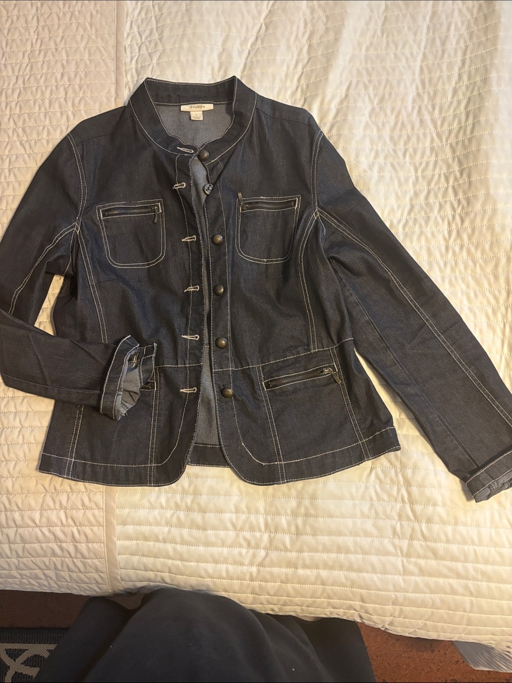 dressbarn Dark Blue Denim-Style Button Jacket with Contrast Stitching